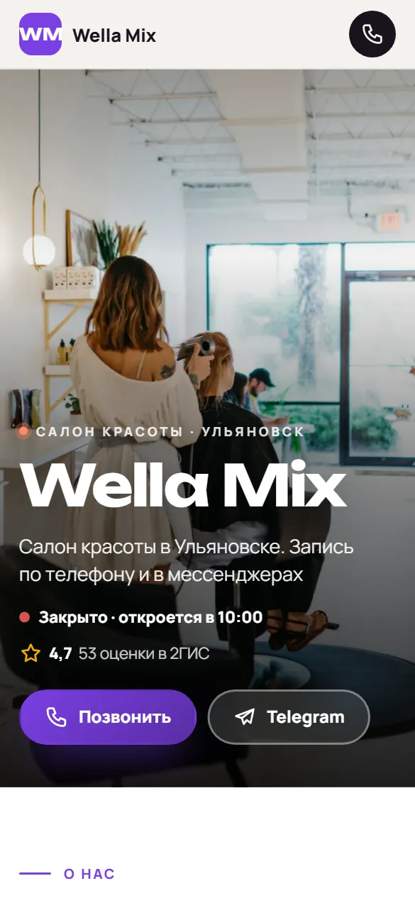 Wella Mix: первый экран сайта на телефоне