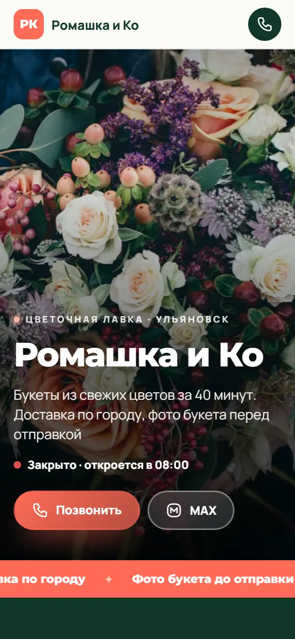Ромашка и Ко: первый экран сайта на телефоне